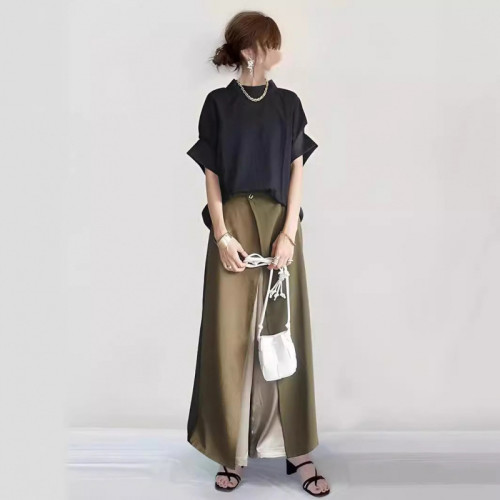  套裝女2025夏季新款日系蝙蝠袖上衣+拼接濶腿褲套裝