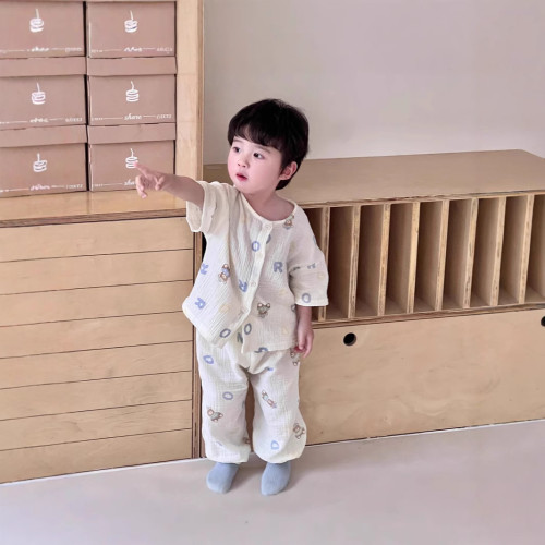 兒童家居服夏季棉紗雙層縐布A類中小童透氣睡衣套裝短袖長褲兩件