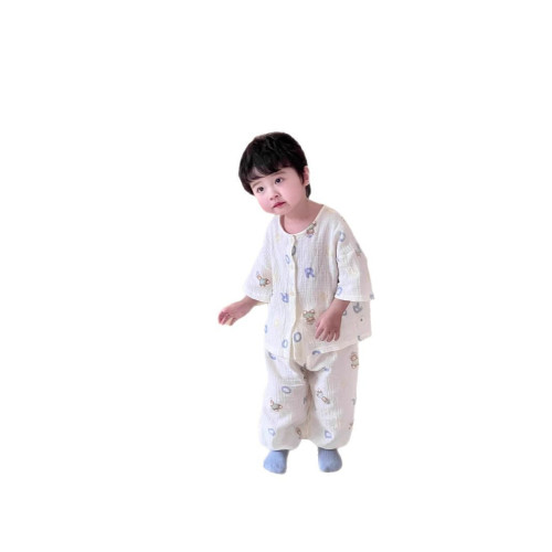 兒童家居服夏季棉紗雙層縐布A類中小童透氣睡衣套裝短袖長褲兩件