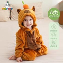 新款兒童卡通卡皮巴拉家居服A類嬰幼童法蘭絨連體衣兒童爬服