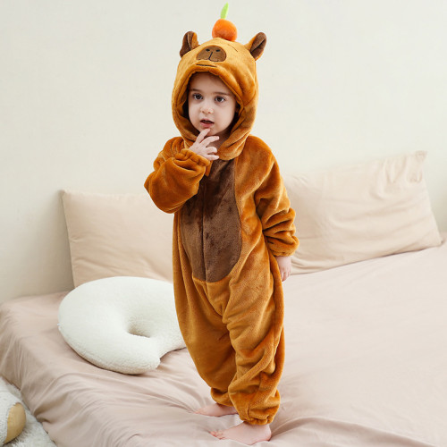 新款兒童卡通卡皮巴拉家居服A類嬰幼童法蘭絨連體衣兒童爬服