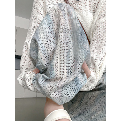 藍色紥染設計鏤空濶腿褲女夏季高腰垂感休閒直筒慵懶風薄款涼涼褲