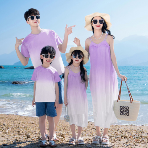 新款親子裝三亞沙灘海邊旅遊度假裝漸變色波西米亞母女吊帶連衣裙