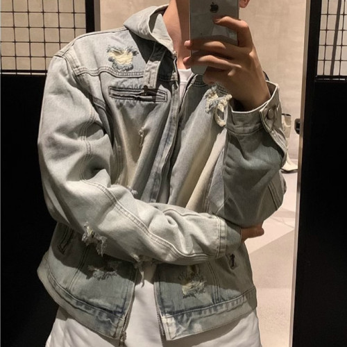 美式街頭復古做舊破洞連帽痞帥水洗牛仔外套男女個性做舊夾克