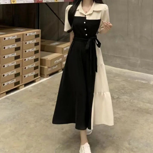 大碼撞色拼接假兩件襯衫連衣裙女夏季新款胖MM收腰顯瘦赫本風長裙