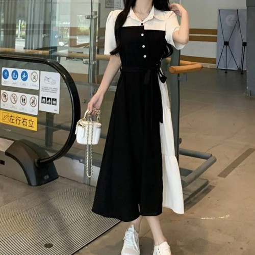 大碼撞色拼接假兩件襯衫連衣裙女夏季新款胖MM收腰顯瘦赫本風長裙