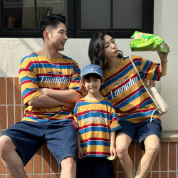 親子裝寬松條紋撞色T恤休閒洋氣母女母子裝一家三四口家庭裝短袖