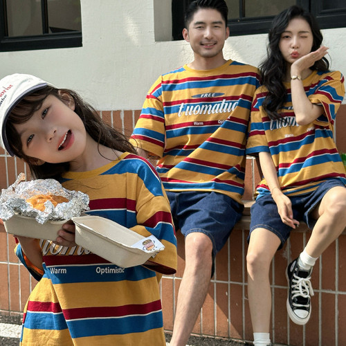 親子裝寬松條紋撞色T恤休閒洋氣母女母子裝一家三四口家庭裝短袖