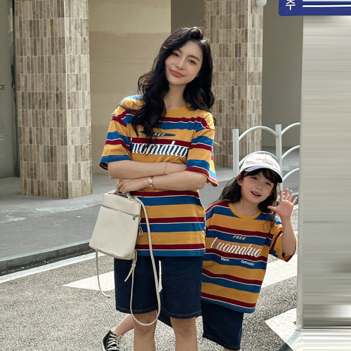 親子裝寬松條紋撞色T恤休閒洋氣母女母子裝一家三四口家庭裝短袖