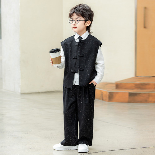 男童新中式馬甲套裝國風復古唐裝兒童活動主持人走秀演出禮服