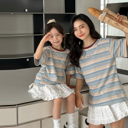 ins撞色條紋短袖T恤親子裝2025新款夏季流行百搭圓領母女母子裝潮
