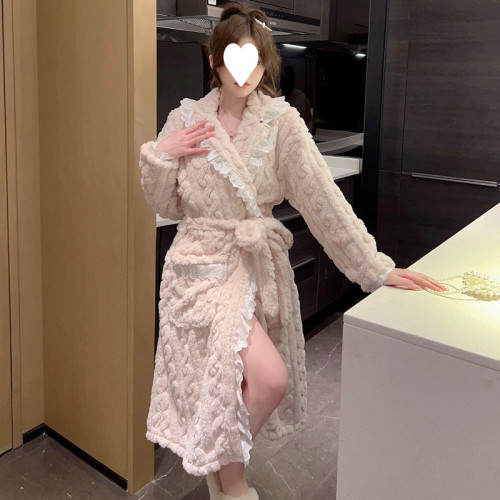 TY珊瑚絨睡袍女秋冬季網紅欲風系帶晨袍法蘭絨浴衣浴袍家居服睡