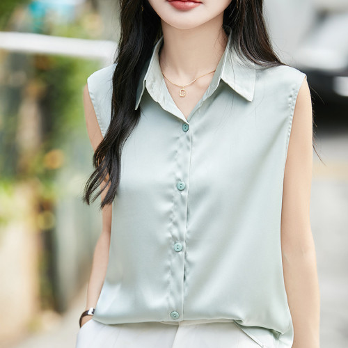 韓版百搭緞面襯衫女設計感春夏新款氣質顯瘦無袖上衣職業打底背心