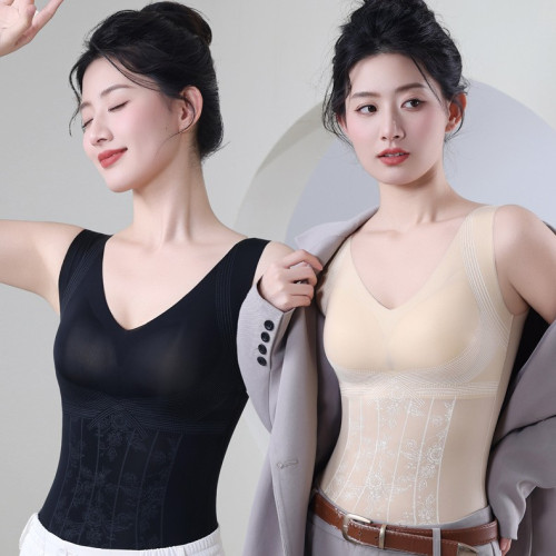 夏季超薄舒適無感聚攏背心側收副乳裸感無痕印花塑身上衣