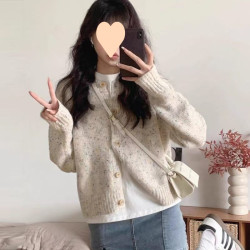 秋冬新款圓領花點羊毛開衫寬松顯瘦設計感小香風短款毛衣女外套潮