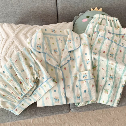 卡通波點睡衣女款夏季純棉紗布短袖三件套裝可愛開衫休閒家居服薄