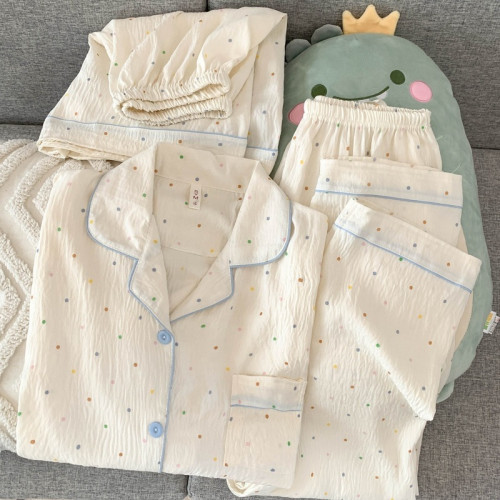 卡通波點睡衣女款夏季純棉紗布短袖三件套裝可愛開衫休閒家居服薄