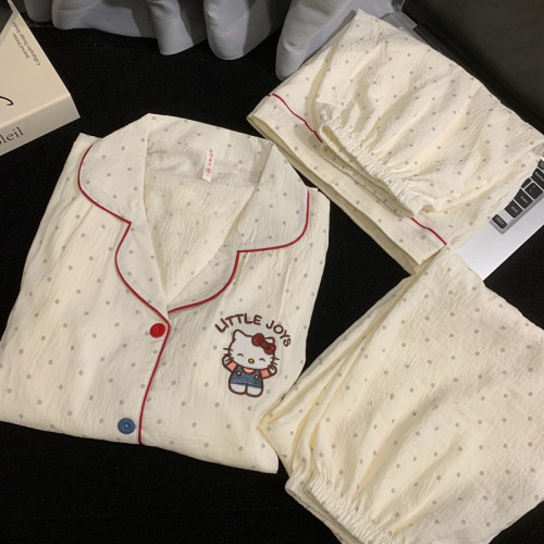 卡通波點睡衣女款夏季純棉紗布短袖三件套裝可愛開衫休閒家居服薄