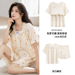 胸墊睡衣女夏季短袖短褲套頭可愛韓系甜美薄款碎花大碼家居服套裝