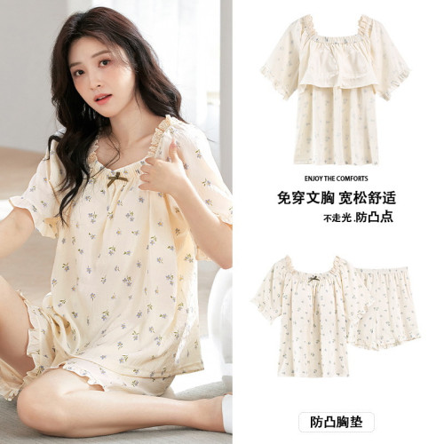 胸墊睡衣女夏季短袖短褲套頭可愛韓系甜美薄款碎花大碼家居服套裝