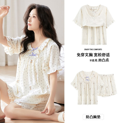 胸墊睡衣女夏季短袖短褲套頭可愛韓系甜美薄款碎花大碼家居服套裝