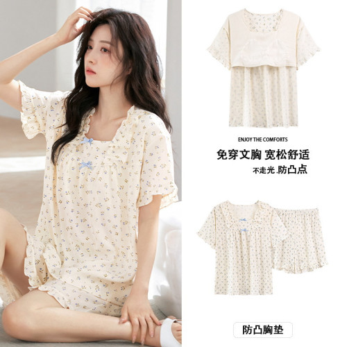 胸墊睡衣女夏季短袖短褲套頭可愛韓系甜美薄款碎花大碼家居服套裝