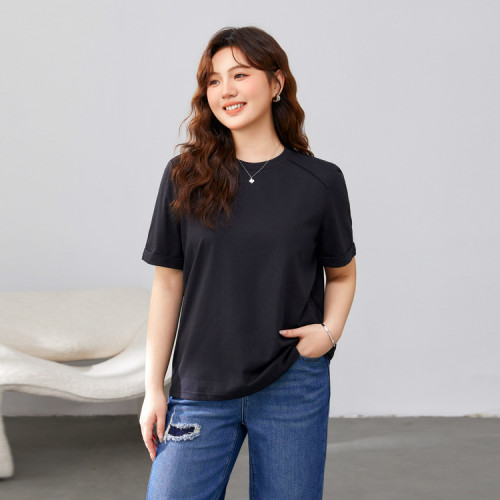 【簡約圓領氣質純色百搭顯瘦T恤】纖莉秀大碼女裝胖mm2025春新款