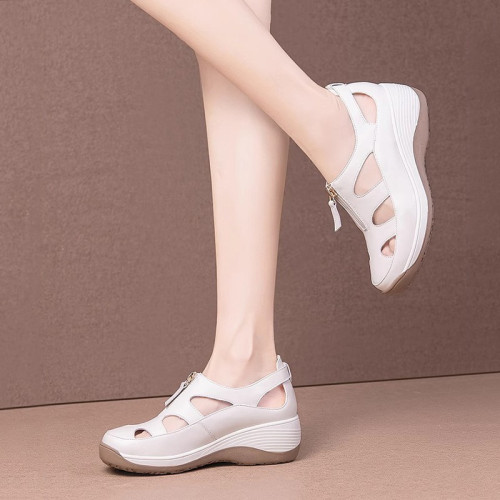 真皮女鞋子2025夏季新款鏤空包頭厚底軟底涼鞋女休閒媽媽鞋子