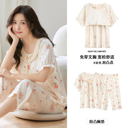 雲朵棉短袖七分褲睡衣女夏季甜美公主風帶胸墊家居服女款休閒睡衣