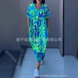 歐美新款女士短袖爆款V 領簡約時尚印花休閒裙子寬松連衣裙女