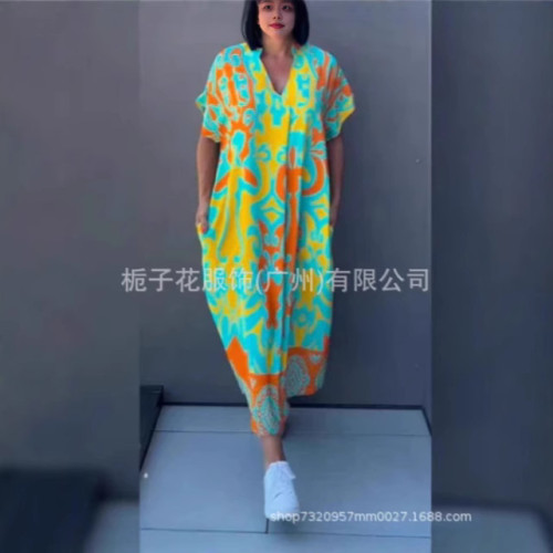 歐美新款女士短袖爆款V 領簡約時尚印花休閒裙子寬松連衣裙女