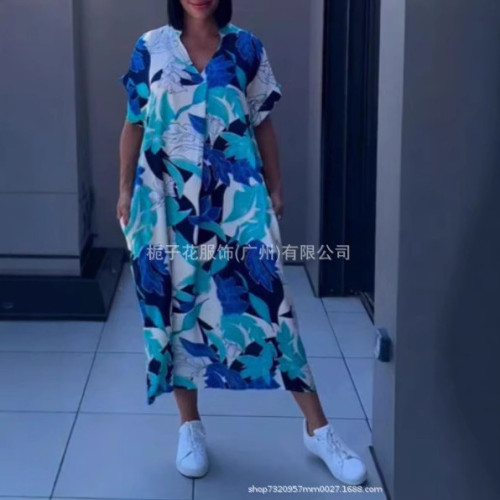 歐美新款女士短袖爆款V 領簡約時尚印花休閒裙子寬松連衣裙女