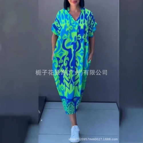 歐美新款女士短袖爆款V 領簡約時尚印花休閒裙子寬松連衣裙女