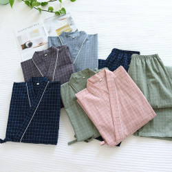 夏季單層棉布水洗棉日式和服睡衣九分袖長褲開衫系帶和風家居服