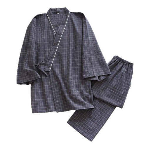 夏季單層棉布水洗棉日式和服睡衣九分袖長褲開衫系帶和風家居服