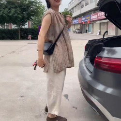 25088大愛美依緣2025夏季新款無袖寬松竪條紋上衣簡約哈倫褲女潮
