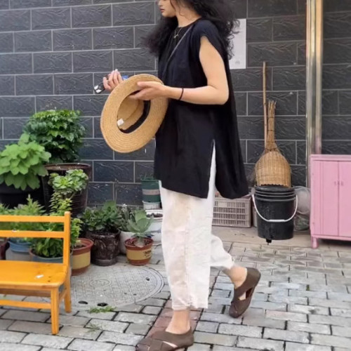 25088大愛美依緣2025夏季新款無袖寬松竪條紋上衣簡約哈倫褲女潮