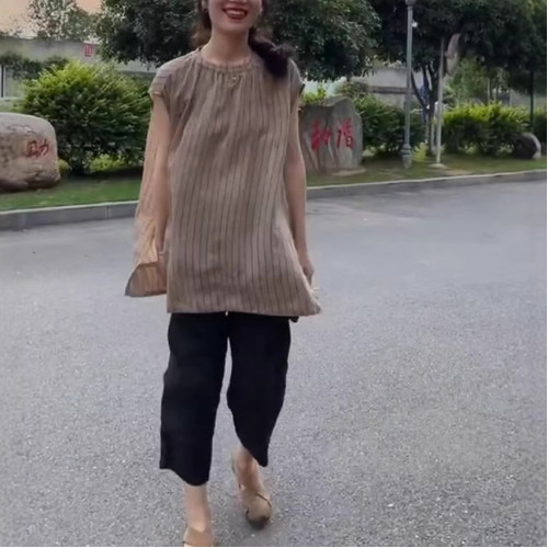 25088大愛美依緣2025夏季新款無袖寬松竪條紋上衣簡約哈倫褲女潮