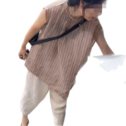 25088大愛美依緣2025夏季新款無袖寬松竪條紋上衣簡約哈倫褲女潮