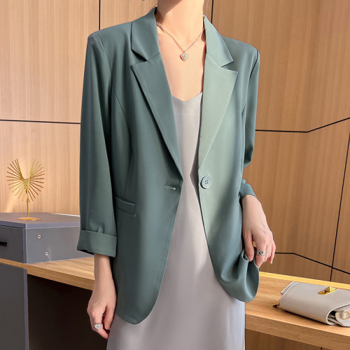 綠色西裝外套女春季新款高級感韓版英倫風七分袖寬松西裝上衣