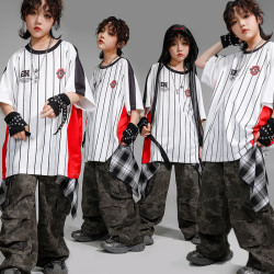 hiphop街舞童裝條紋短袖女童演出服裝工裝褲套裝男孩街舞兒童潮服