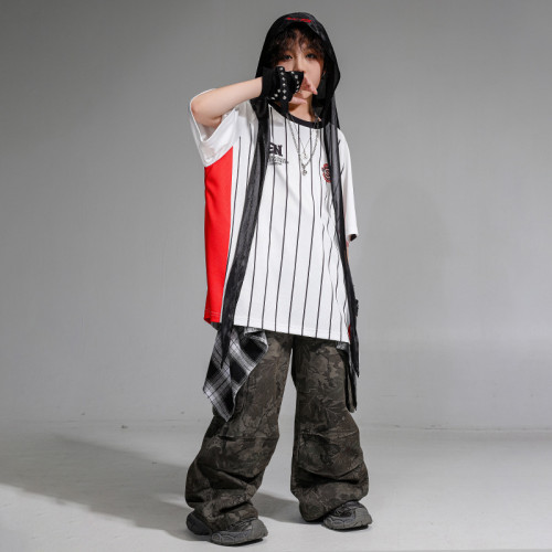 hiphop街舞童裝條紋短袖女童演出服裝工裝褲套裝男孩街舞兒童潮服