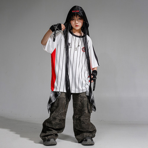 hiphop街舞童裝條紋短袖女童演出服裝工裝褲套裝男孩街舞兒童潮服