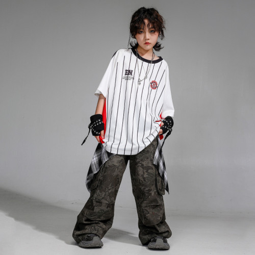 hiphop街舞童裝條紋短袖女童演出服裝工裝褲套裝男孩街舞兒童潮服