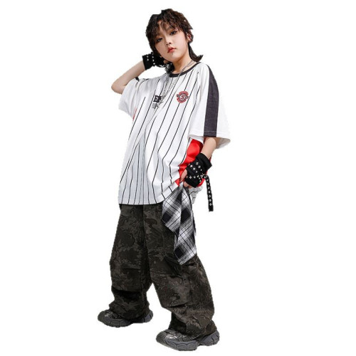 hiphop街舞童裝條紋短袖女童演出服裝工裝褲套裝男孩街舞兒童潮服