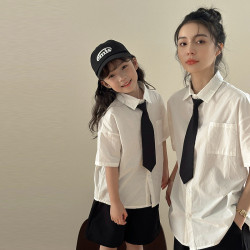 日系短袖領帶襯衫親子夏季寬松學院風百搭幼兒園畢業演出服家庭裝