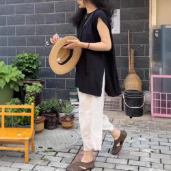25088大愛美依緣2025夏季新款無袖寬松竪條紋上衣簡約哈倫褲女潮