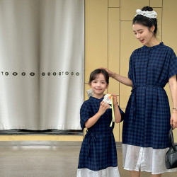 日系學院風格子母女裝連衣裙撞色洋氣襯衫母子裝高定度假風家庭裝