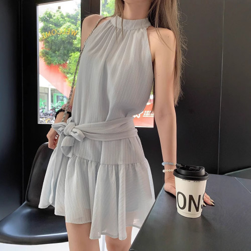 法式掛脖無袖藍色連衣裙女裝夏季設計感蝴蝶結綁帶A字裙黑色短裙
