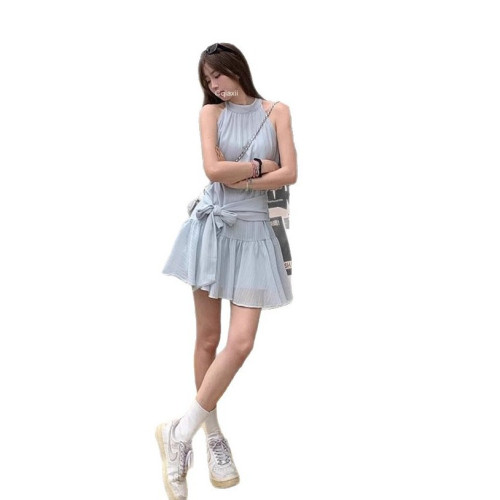 法式掛脖無袖藍色連衣裙女裝夏季設計感蝴蝶結綁帶A字裙黑色短裙